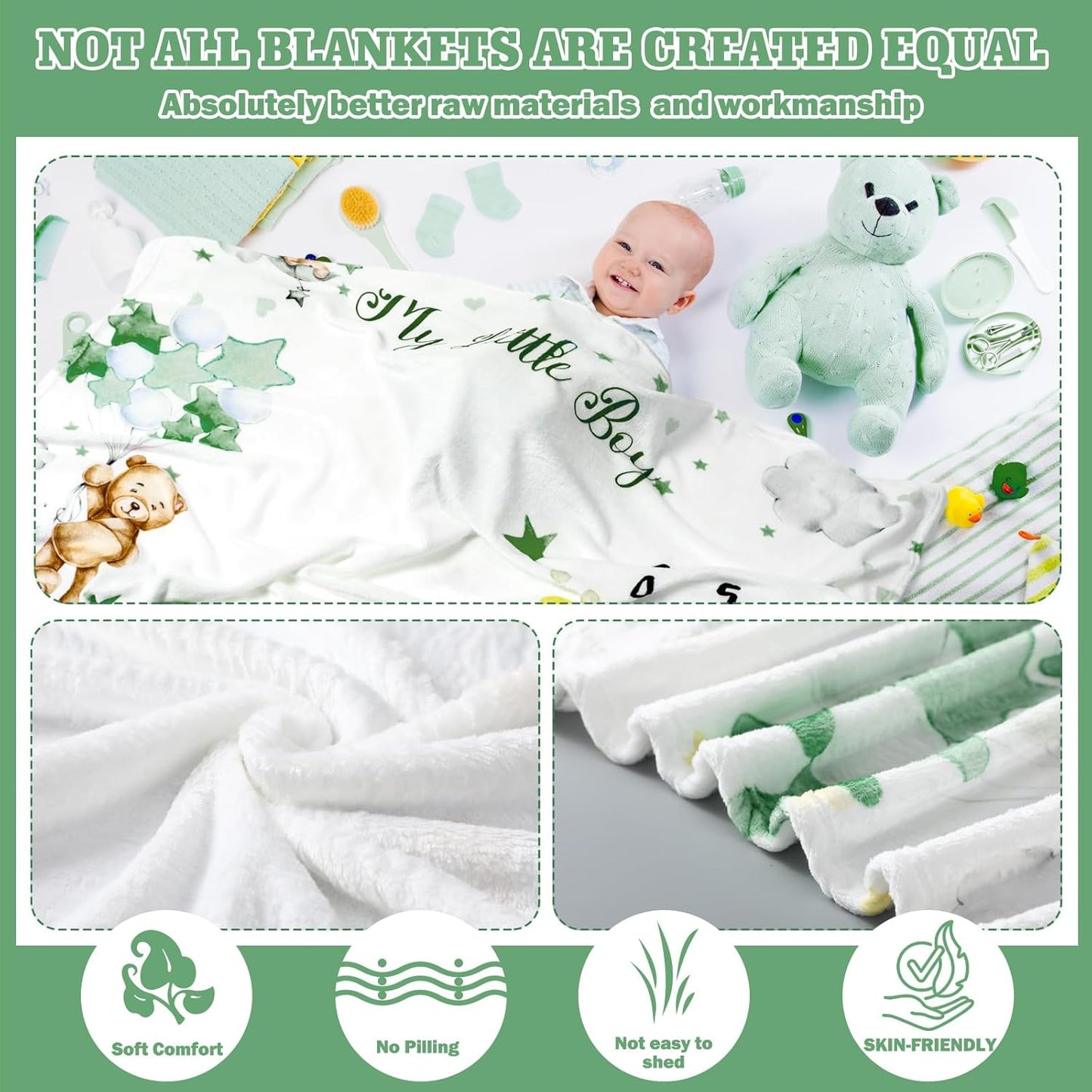Sleeping Bear Monthly Baby Milestone Blanket Bear Star Balloon Flannel Blanket Boy Newborn Infant Swaddle Growth Chart Baby with Frame for Boys Girls Nursery (Green)