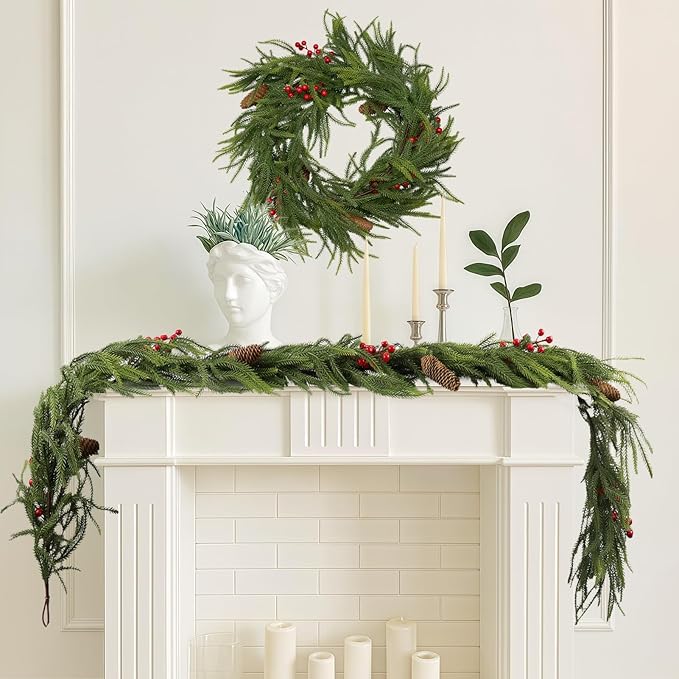 9FT Norfolk Pine Garland Christmas Artificial Greenery with Red Berries Cones, Pine Tree Decor for Mantel Fireplace Stair Rail Doorway Table, Indoor Outdoor Winter Christmas Decorations