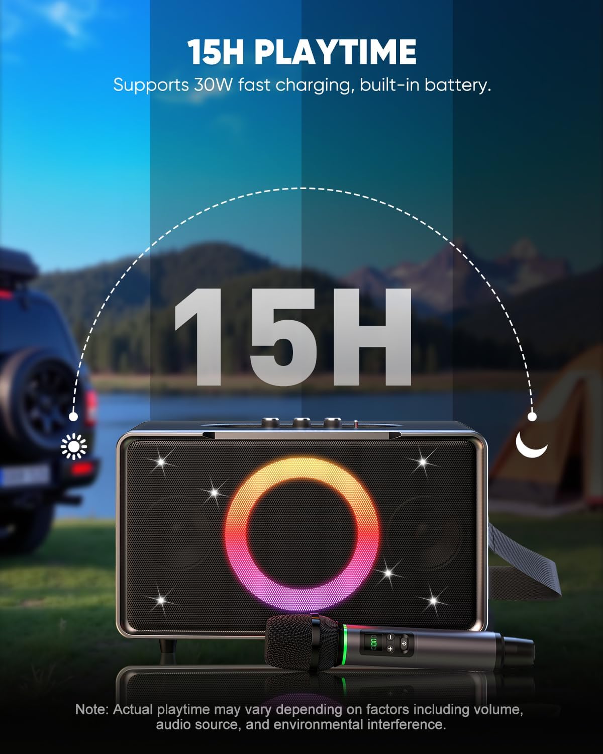 GFEEN Portable Bluetooth Speaker: 200W Peak, 15H Playtime, Wireless Speakers with Microphone, 5″ Subwoofer, Loud Sound, Light Show, Fast Charging for Outdoor, Party, Backyard(Silver with 1Mic)