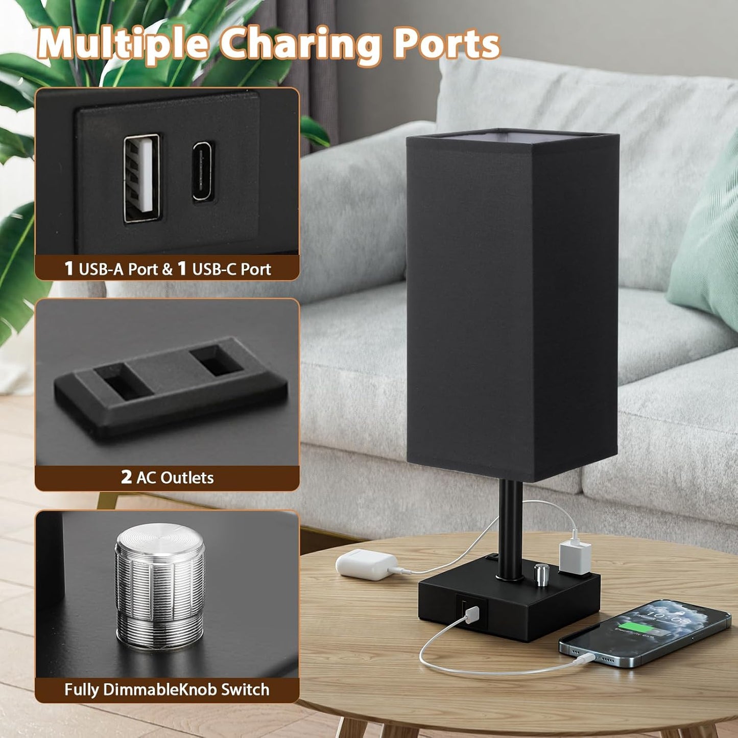 Black Fully Dimmable Nightstand Lamps Set of 2 - Table Bedside Lamp with USB C+A Charging Ports & 2 AC Outlets, Square Lamp Sets Linen Fabric Shade for Bedroom Living Room(Bulb Included)