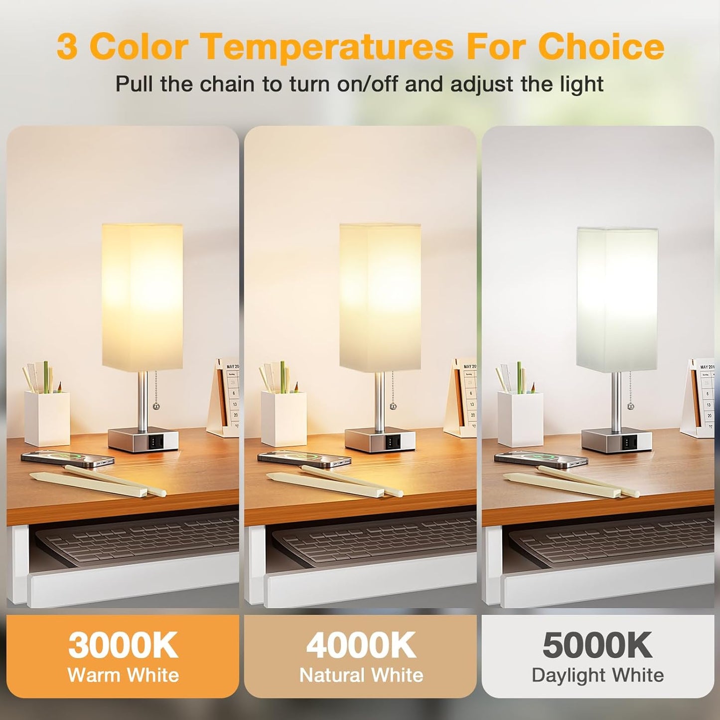 White Small Lamp for Bedroom - 3 Color Temperature 3000K 5000K 4000K Bedside Lamp, Pull Chain Control, USB A and C Charging Ports, Silver Base, for Kids Office Dorm nightstand, Bulb Included