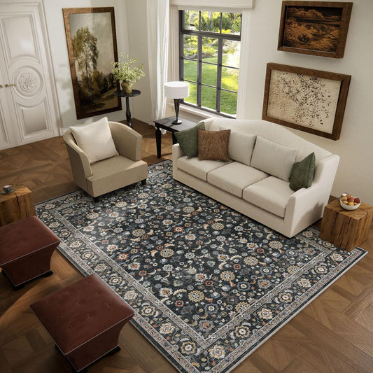 Washable Area Rugs for Living Room: 5x7 Bedroom Rug Vintage Boho Area Rug Stain Resistant Non Slip Low Pile Lightweight Soft Carpets for Living Room Dining Room Kitchen Nursery Kids Room Farmhouse