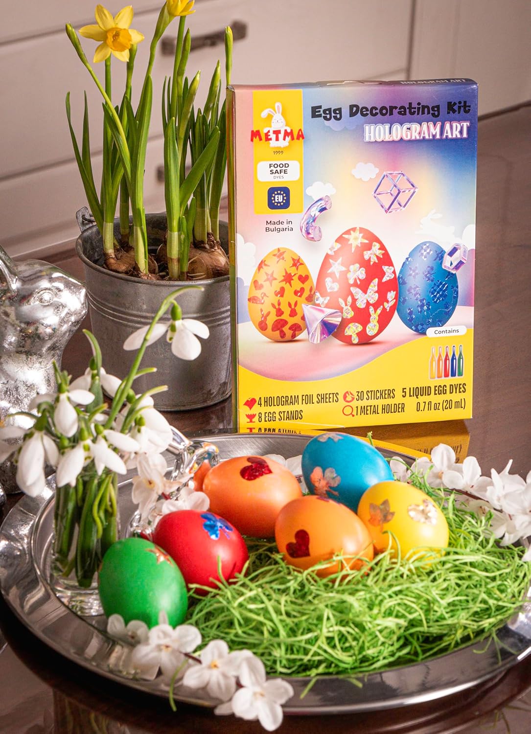 METMA 1999 Egg Decorating Kit Hologram - Complete Decorative Eggs Set with Liquid Dyes, Stickers, Egg Spinner, and More - Fun Easter Egg Dye Kit Arts and Crafts for Kids (Hologram Art)