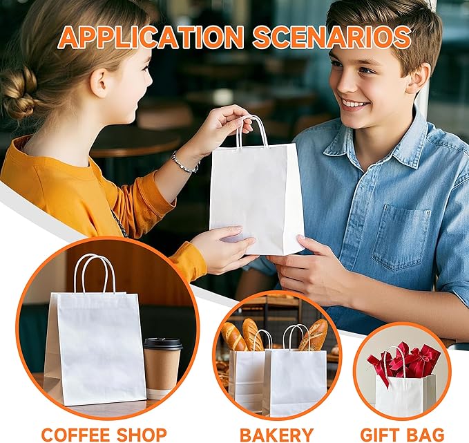 METAPRINT 50 Pack Small Gift Bags 5.8x3.2x8.25 Inch White Paper Bags with Handles Bulk, Kraft Paper Bags for Party favor, Retail, Grocery Sacks