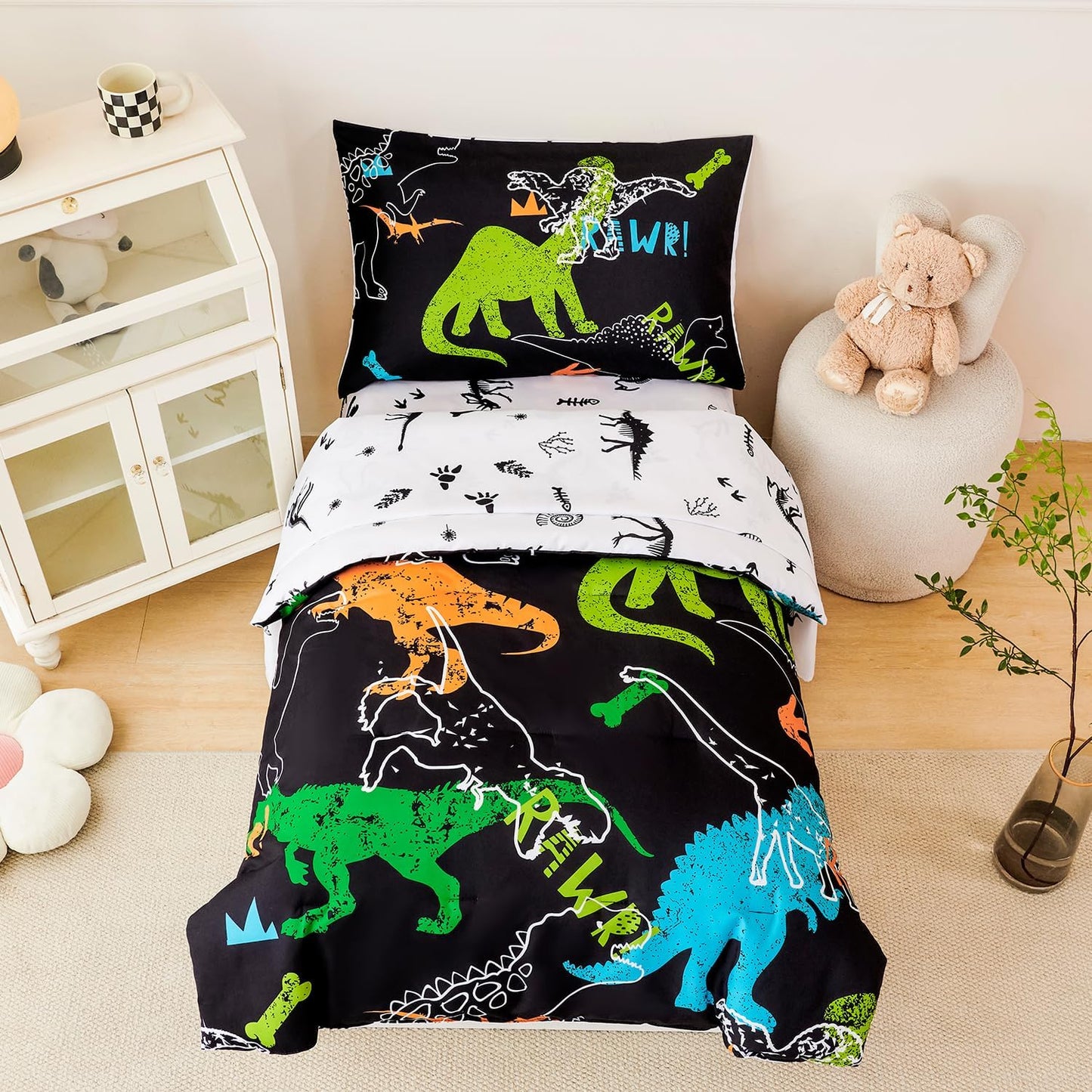 PERFEMET 4-Piece Boys Toddler Bedding Sets Cartoon Dinosaur Comforter Set for Girls Kids Soft Reversible Colorful Animal Bed Set for Toddler(Dinosaur, Toddler)