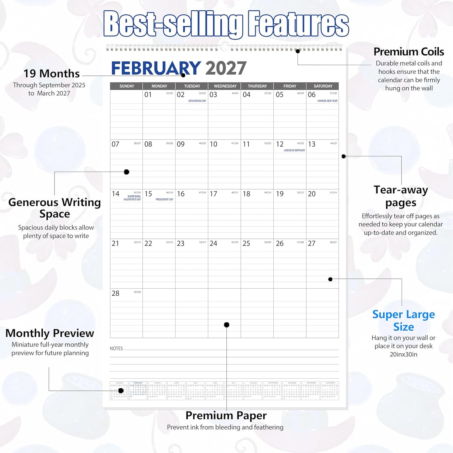 GuassLee Extra Large Wall Calendar 2025-26, 20"x 30" Gaint Vertical Wall Calendar 2026, Sep. 2025 to Mar. 2027, 19-Month Hanging Paper Planner Wall with Julian Date for Office Home