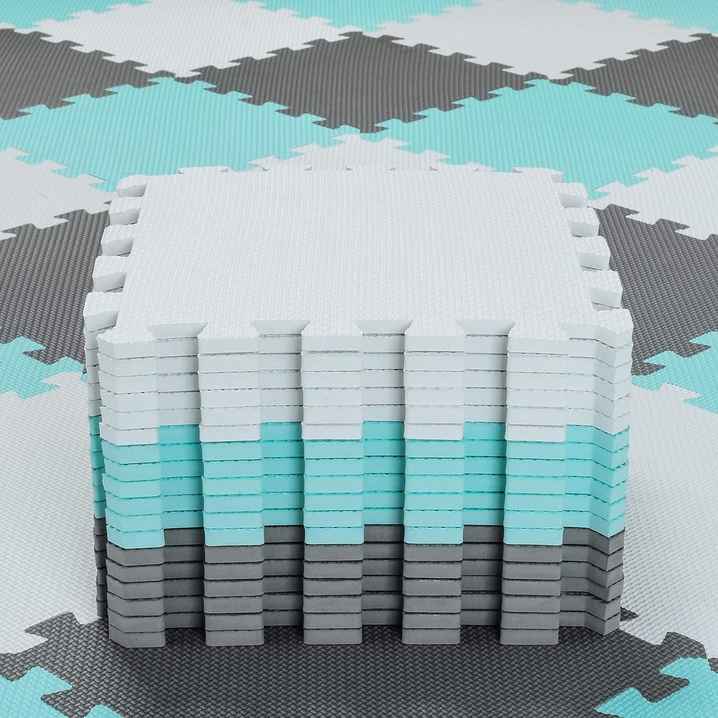 qqpp EVA Rubber 18 Tiles Interlocking Puzzle Foam Floor Mats - Baby Play Mat for Playing | Exercise Mat for Home Workout. White, Green, Gray. QC-AHLb18N
