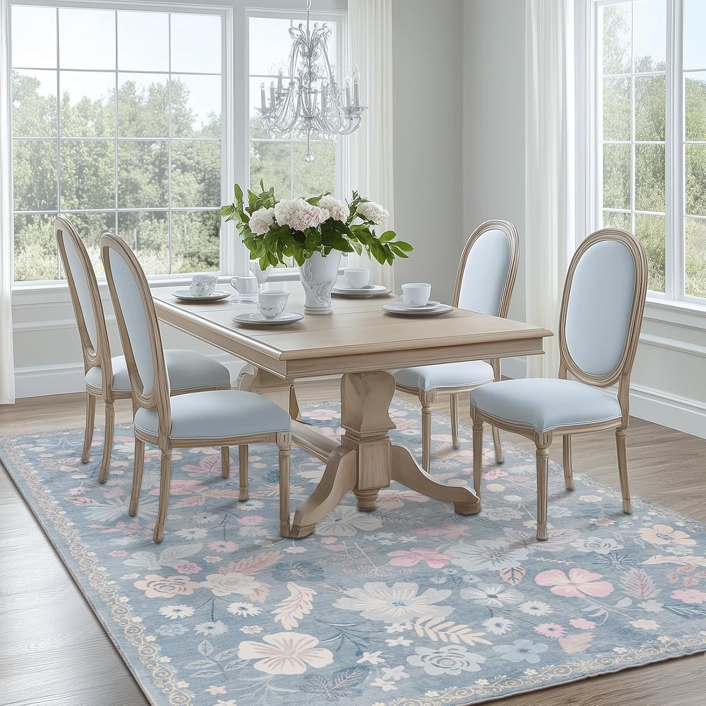 Blue 5x8 Area Rugs for Living Room Washable Soft Faux Fur Elegant Vintage Rugs Boho Floral Non Slip Stain Resistant Sound Absorbing Low Pile Carpet Rug for Bedroom Dining Room Nursery