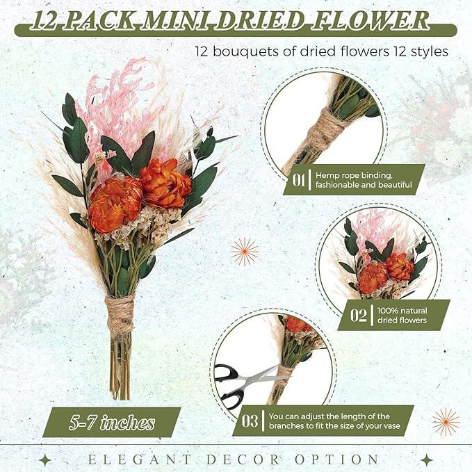 Layhit 12 Pack Boho Dried Flower Bouquet Mini Wedding Handmade Dry Flowers Decor for Vase Crafts DIY Photo Boutonniere for Men Floral Plant for Bridesmaid Gift Birthday Decor (Gerbera Daisy)