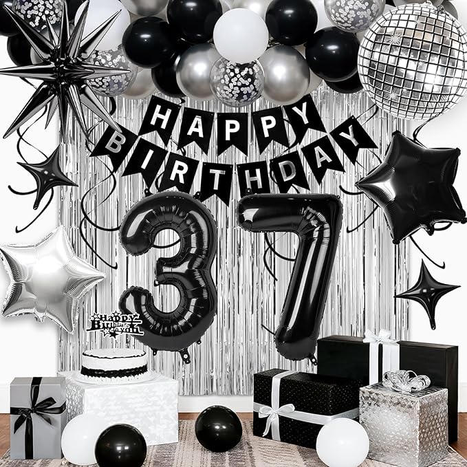 37th Birthday Decorations for Men Women, Black Silver Happy Birthday Party Decorations， 37 Year Old Party Supplies with Number 37 Balloons, Banner, Fringe Curtains Kit