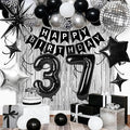37th Birthday Decorations for Men Women, Black Silver Happy Birthday Party Decorations， 37 Year Old Party Supplies with Number 37 Balloons, Banner, Fringe Curtains Kit