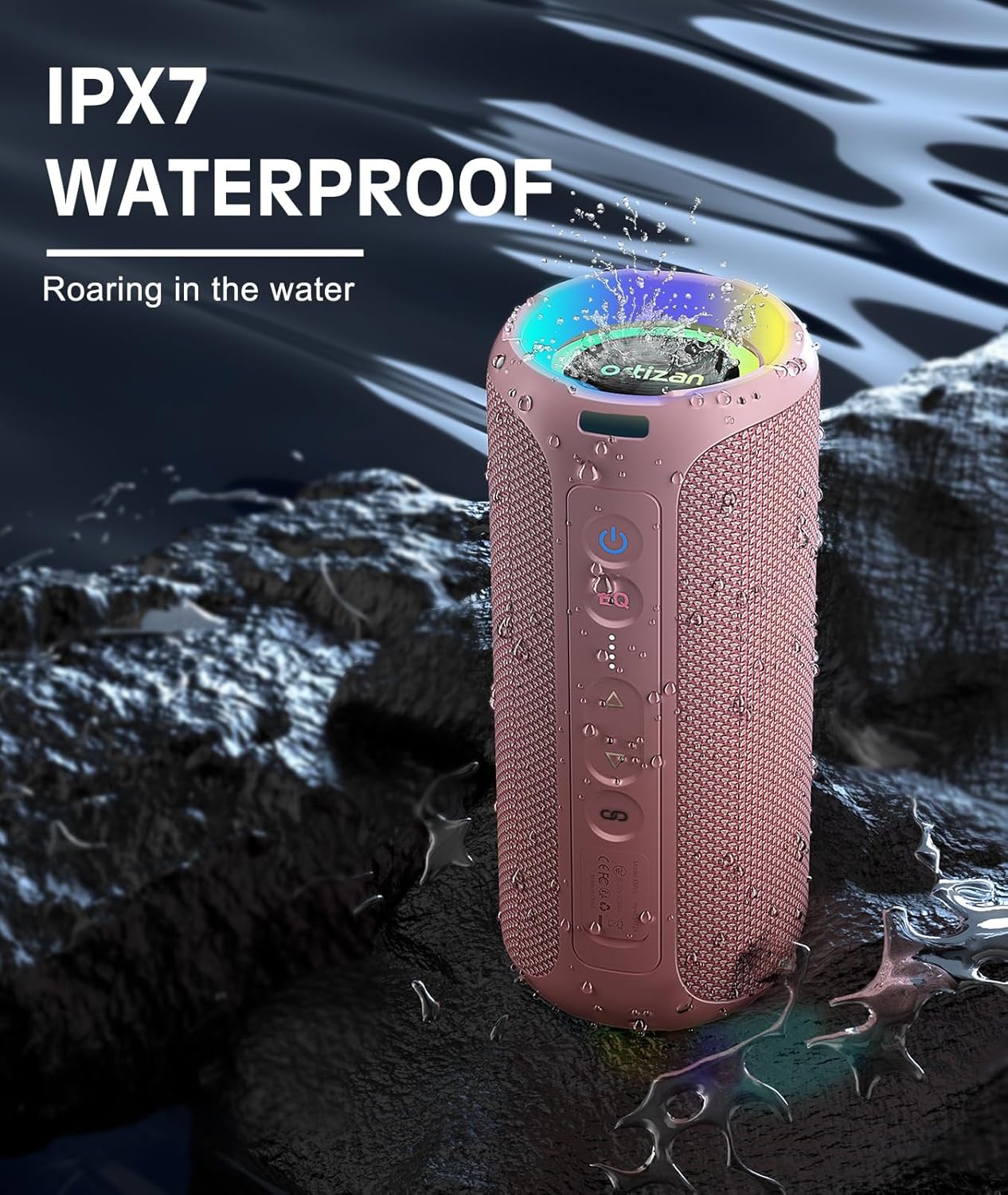 Ortizan Bluetooth Speakers, Portable Wireless Stereo Speaker - IPX7 Waterproof, 30W RMS(40W Peak) Loud Sound, Deep Bass, LED Light, Bluetooth 5.3, for Home/Shower/Outdoor/Beach, Gifts for Adult, Pink