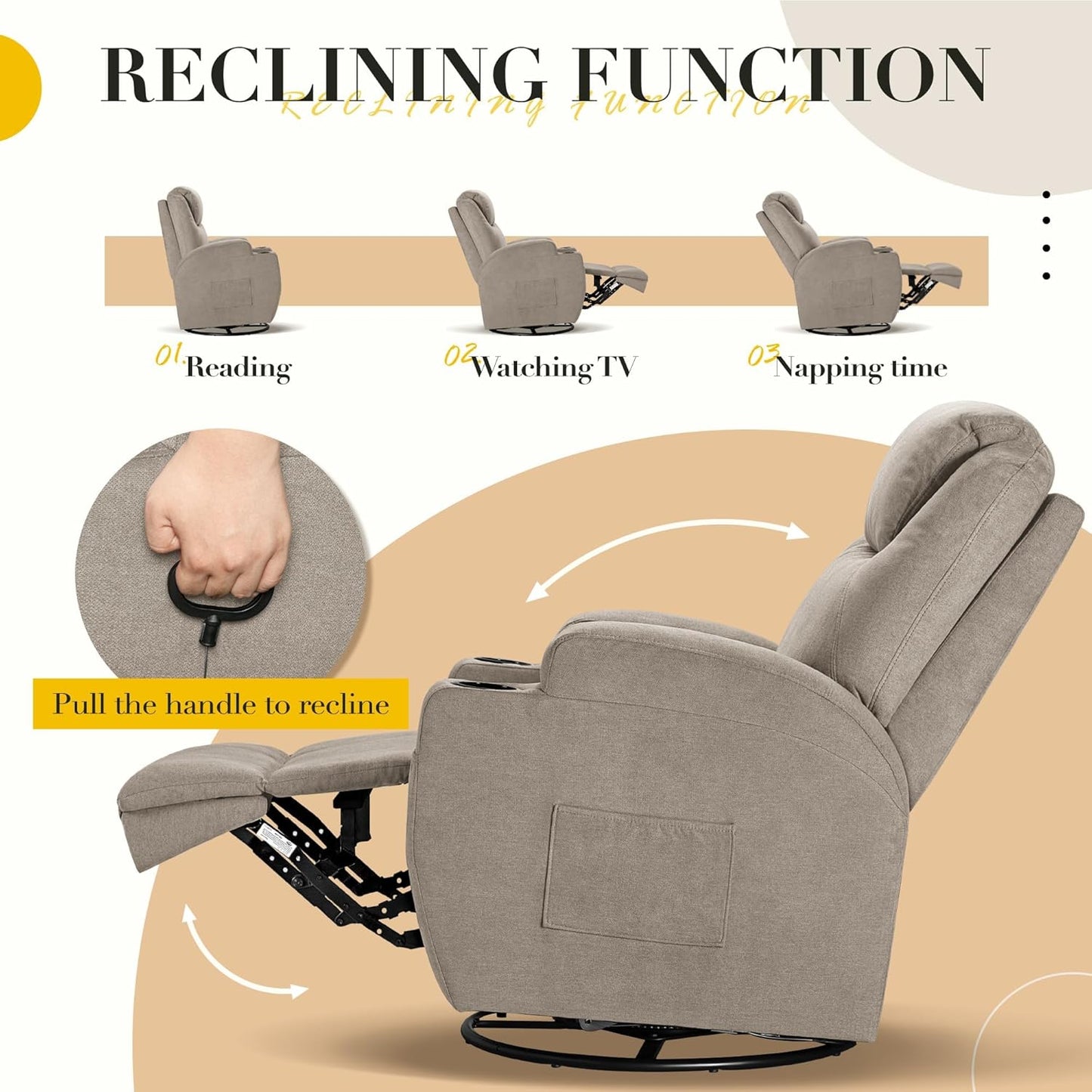 Recliner Chair, 360° Swivel Rocker Chair for Adults, Rocking Recliner Chair with Massage, Comfy Single Sofa with Side Pockets Cup Holders for Living Room, Bedroom, Nursery (Fabric, Khaki)