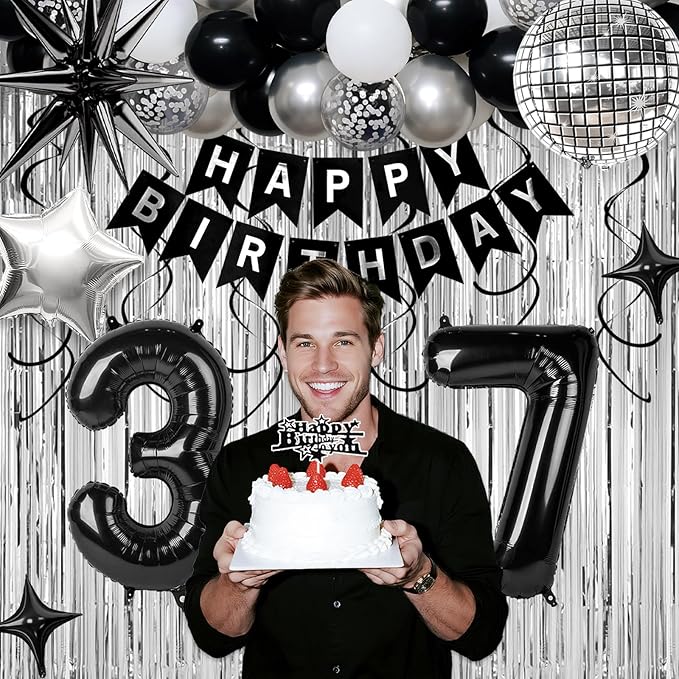 37th Birthday Decorations for Men Women, Black Silver Happy Birthday Party Decorations， 37 Year Old Party Supplies with Number 37 Balloons, Banner, Fringe Curtains Kit
