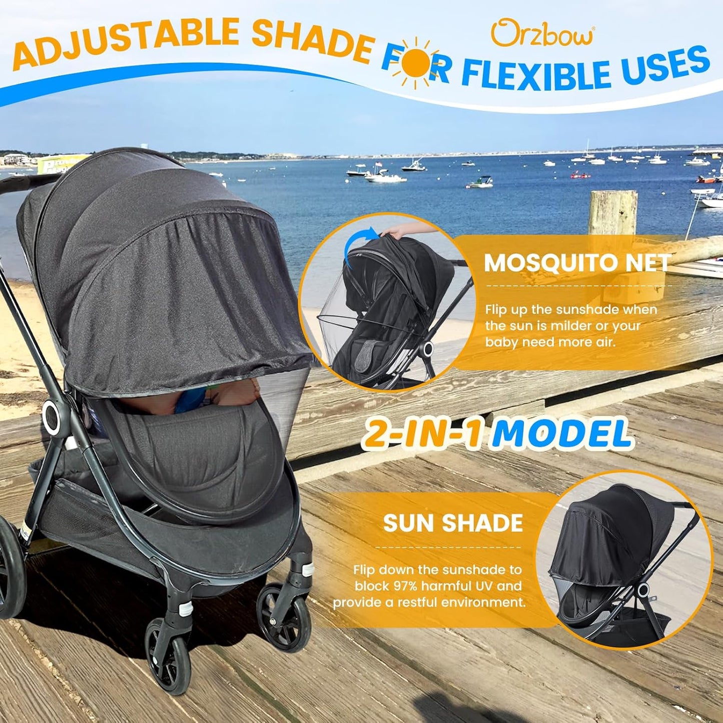 Orzbow 2-in-1 Baby Mosquito Net with UPF50+ Sunshade for Stroller, Breathable Stroller Mosquito Netting Privacy Cover with Two-Way Zipper & Storage Bag for Bassinet, Carrycot & Car Seat, Black