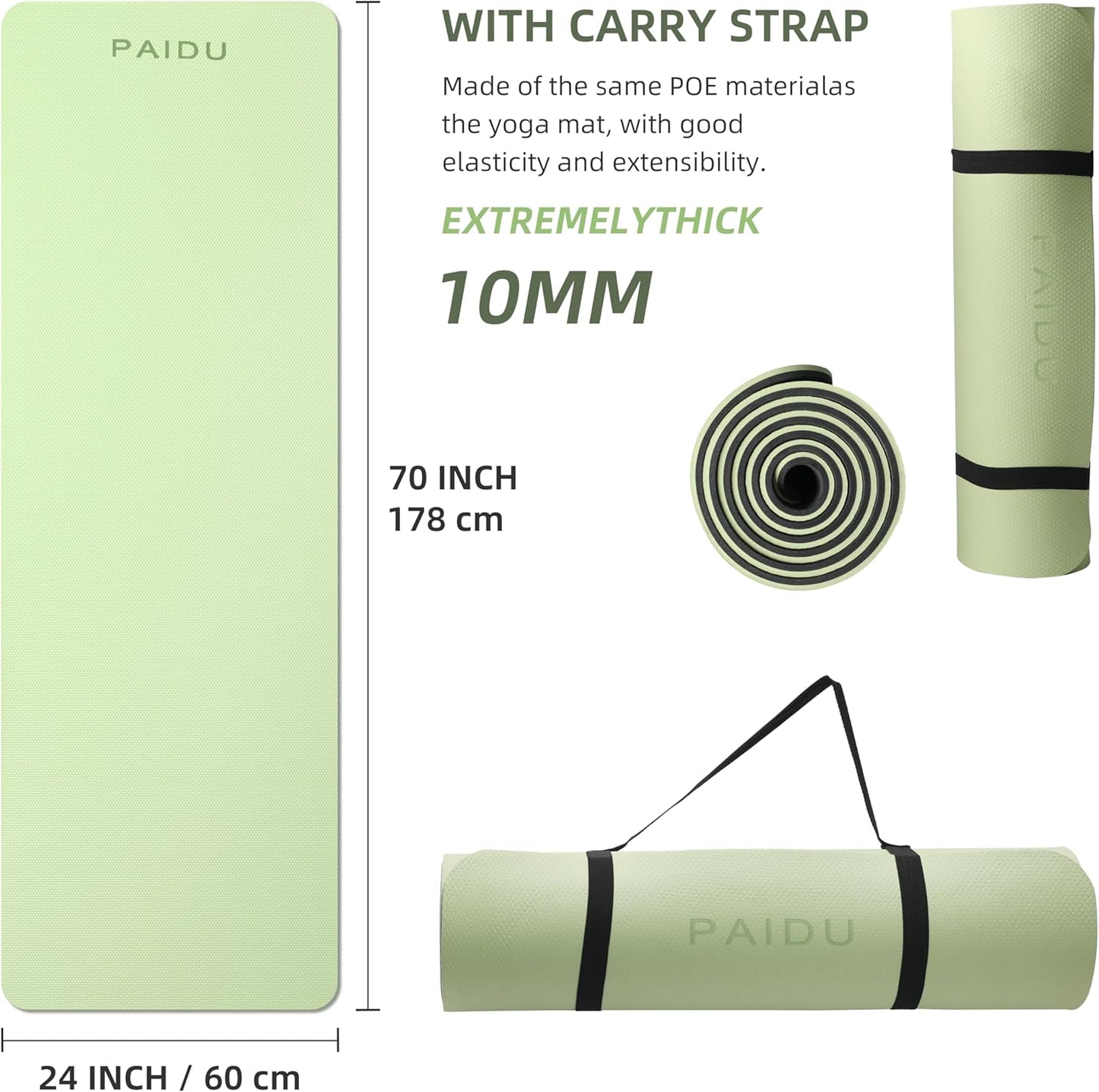 Yoga Mat Non Slip Anti-tear,extra thick-2/5 inch（10MM）High Resiliency Professional POE Yoga Mats for Women Men Kids,72"x24"inch,Workout, Yoga, Pilates and Floor Exercise, with Carrier Strap