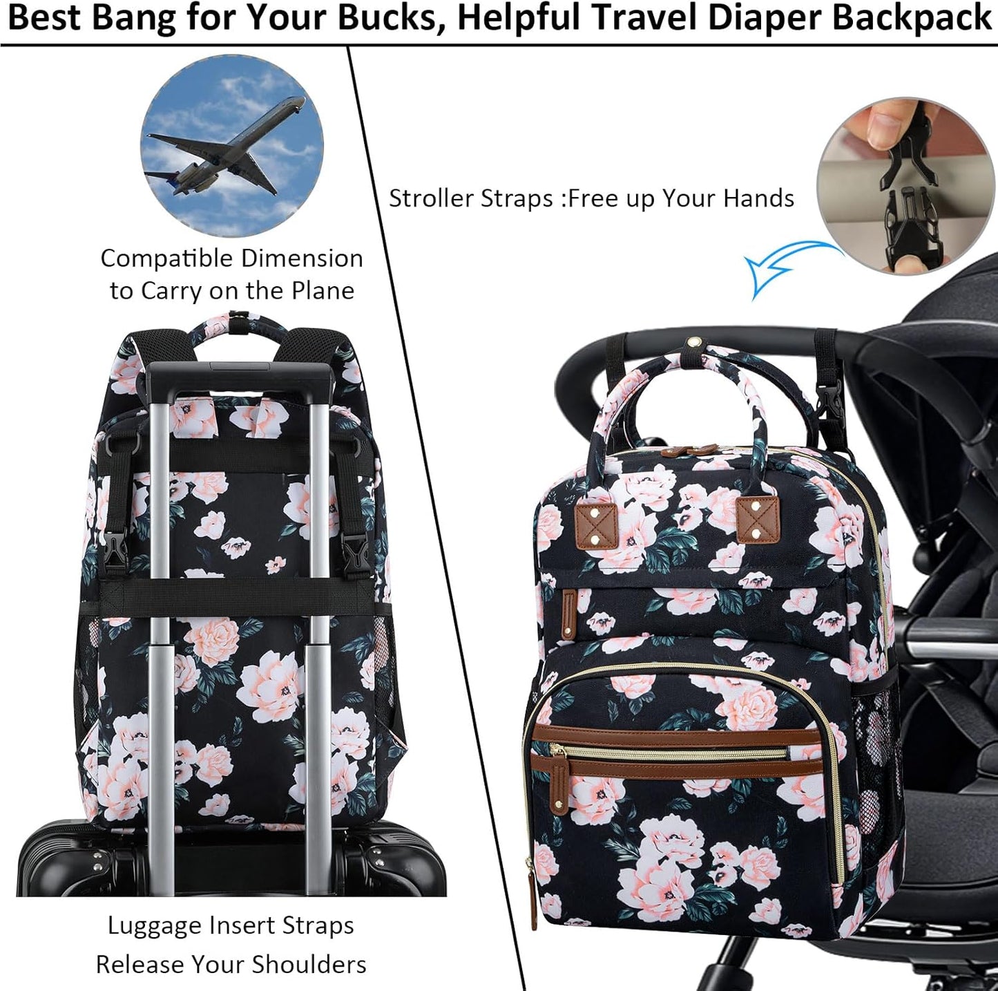 Diaper Bag Backpack Tote for Women Large Capacity with Insulated Pockets Multifunctional Diaper Bags For Baby Girl Boy Waterproof Baby Bags, Maternity Bag Black Pink Floral