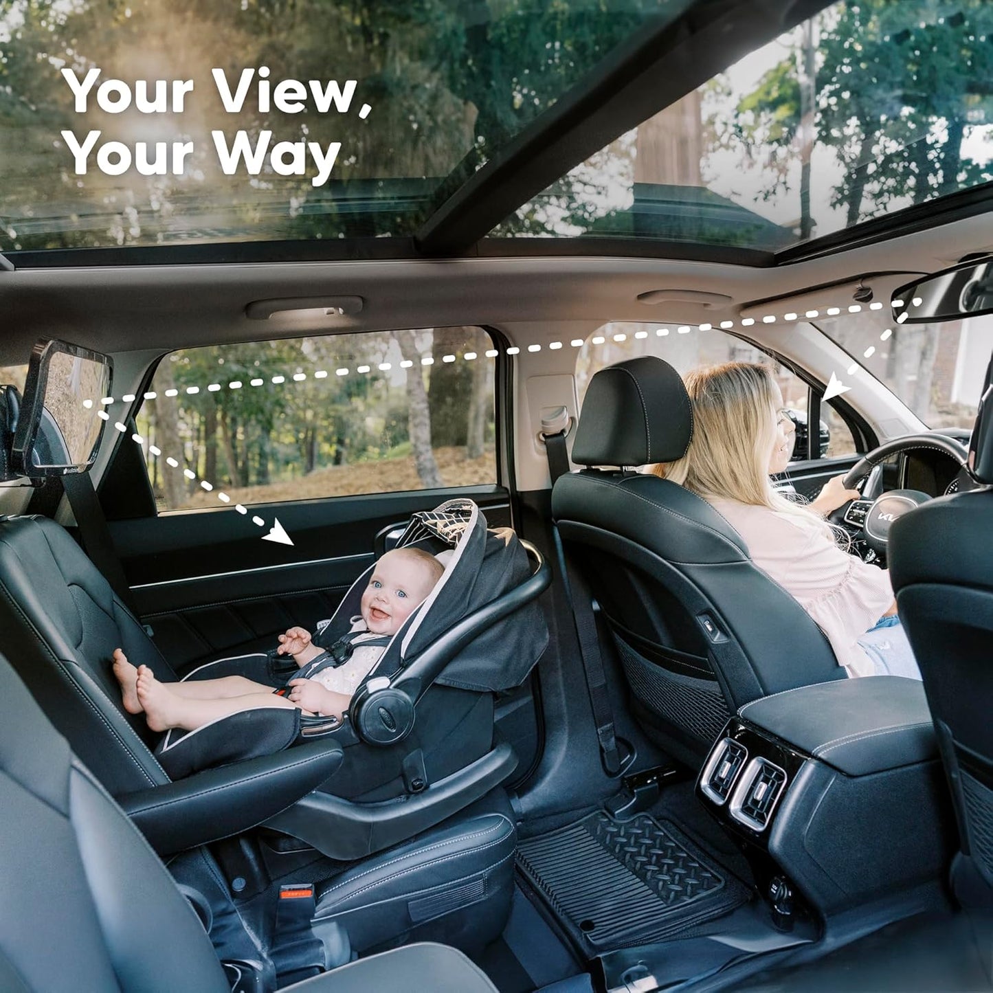 Large Shatterproof Baby Car Mirror, Backseat - Safety Car Seat Mirror for Baby Rear Facing, 360 Wide Crystal Clear View, Accessories for Removable Headrest, Easy Install & Adjustable (Sleek Black)