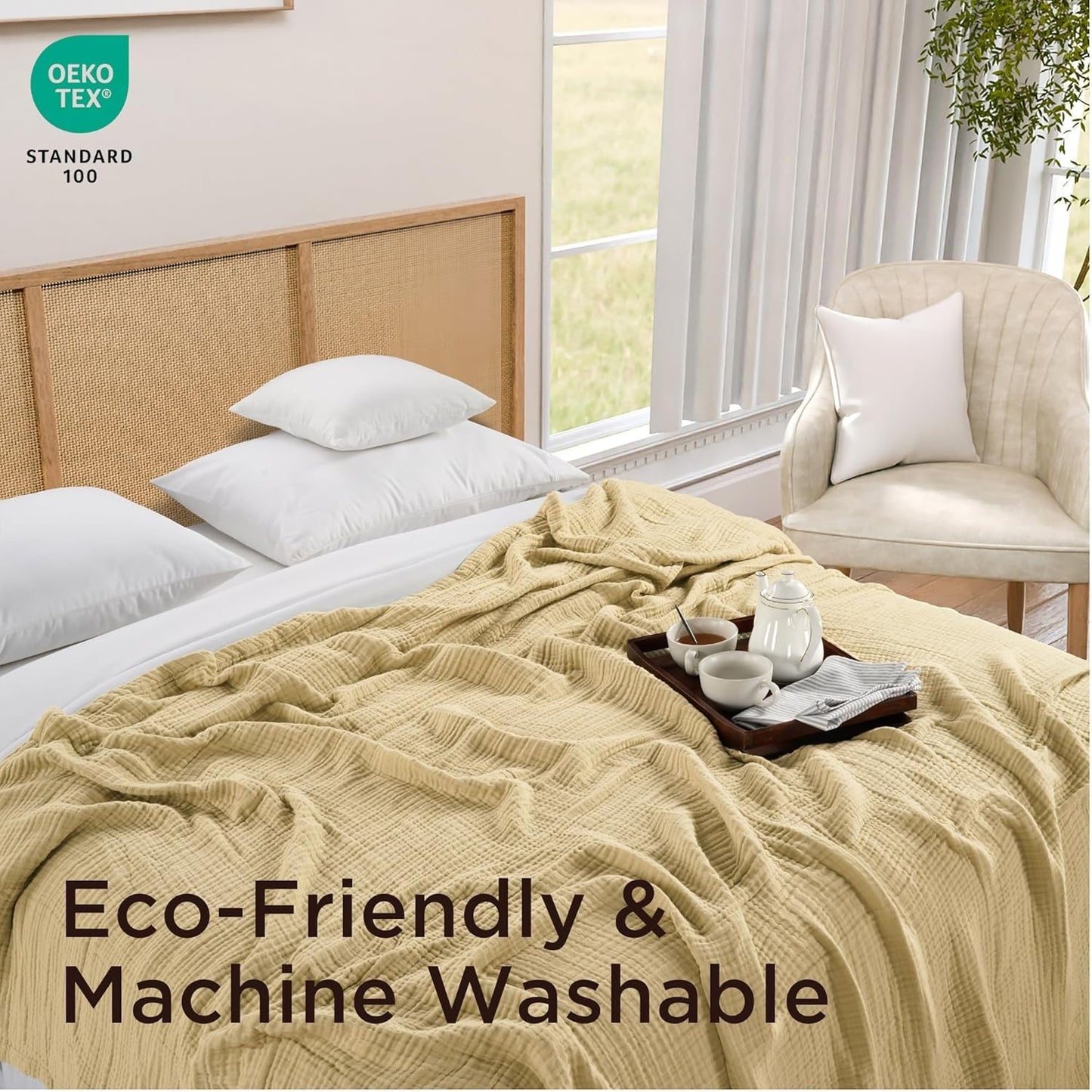 Threadmill King Size Blanket | 4 Layer 100% Cotton Gauze | Lightweight, Breathable, and Cozy Summer |Muslin Blanket for Couch, Bed| Beige