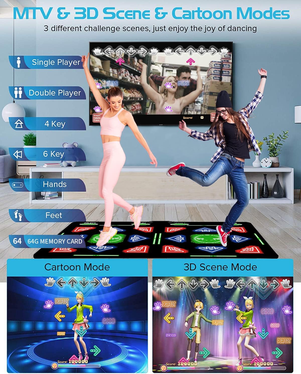HDMI Dance Mat 64GB Storage, 1000 Games,885 Songs,81 MTV Videos.Dance pad Combines Dance, Yoga, Aerobics, Running, Sports, and Puzzle Games A Prestigious Gift for Boys & Girls. Flannel Material