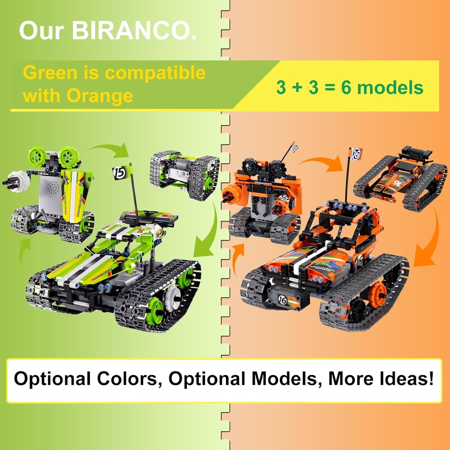 BIRANCO. Remote Control Tracked 3in1 Stunt Racer Building Kit - RC Car STEM Construction Toy, Gift Idea for Kids, Boys and Girls Ages 8-12 Year Old (353 Pcs)