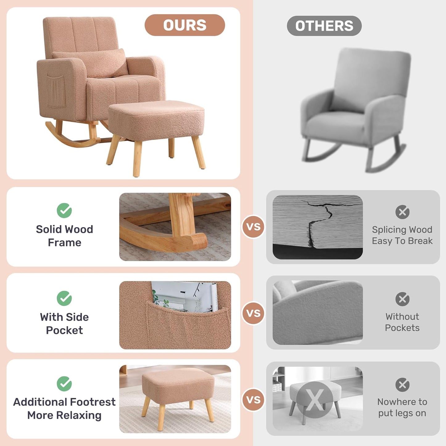 Rocking Chair with Ottoman, Upholstered Glider Rocker with High Backrest and Side Pocket, Comfy Reading Chair with Solid Wood Legs for Nursery, Living Room,Bedroom Coffee