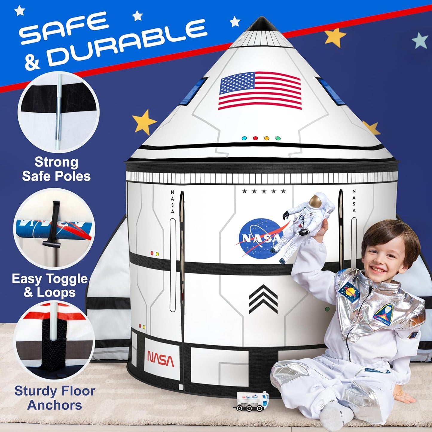W&O Space Shuttle Explorer Tent with Blast-Off Button, LED Lights & 3 Space Toys – Rocket Ship Play Tent for Kids Ages 3-5