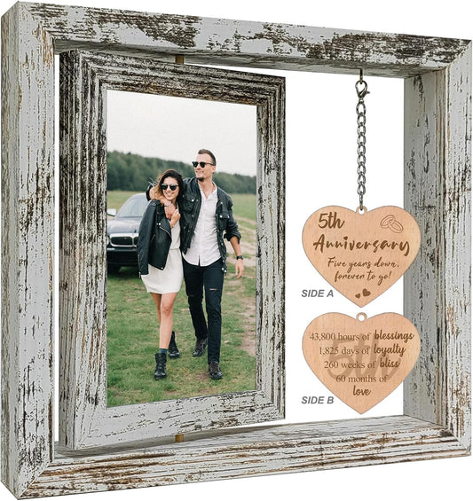 5 Year Anniversary Rotating Picture Frame for Her, Wood 5th Wedding Anniversary Photo Frame gifts for Wife Husband Him Couple, Display 2 6x4