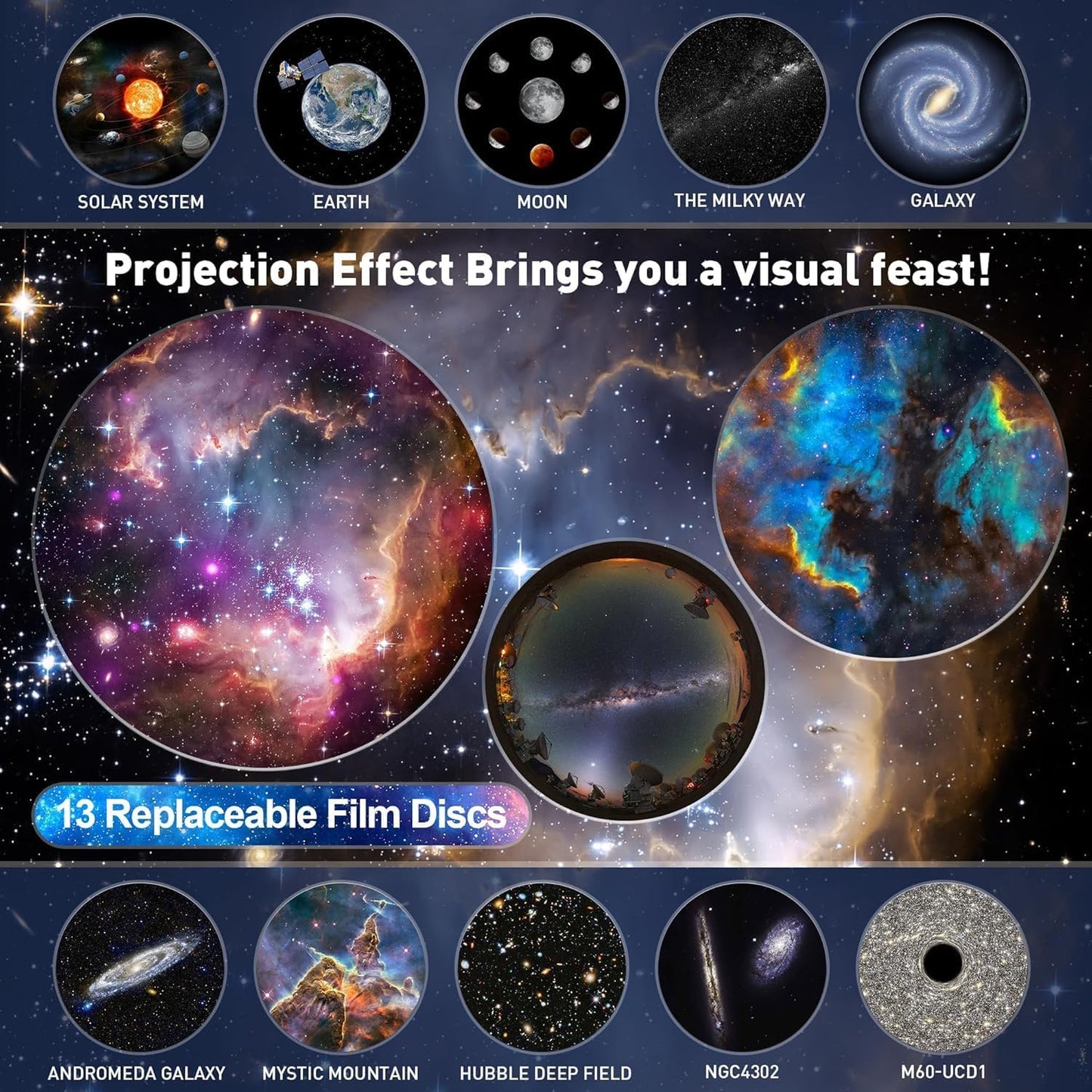 Galaxy Projector for Bedroom, Upgraded HD Star Projector Lens, 13 in 1 Planetarium Star Projector with Solar System & Constellation - 360° Rotating with Timer, Adjustable Knob, Kids Adults Room Decor