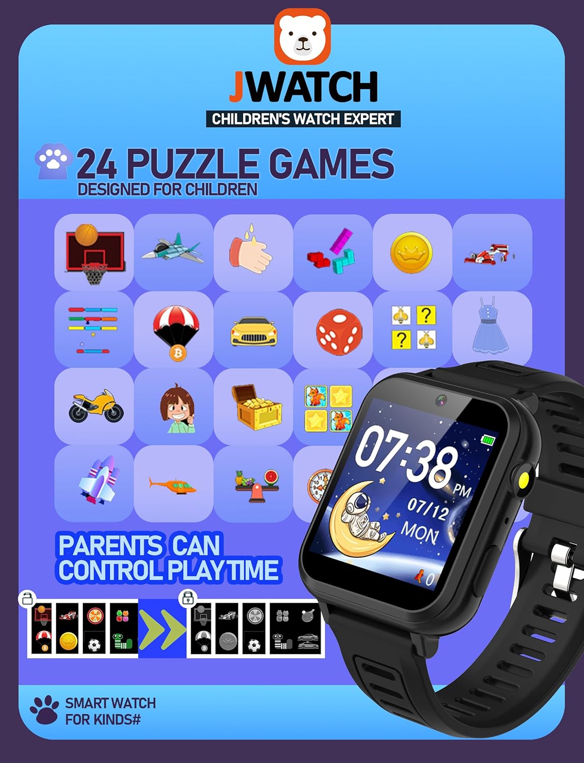 Kids Smart Watch for Boys Girls 6-12 with Pedometer Audio Book Camera Music Player Birthday (Black)…