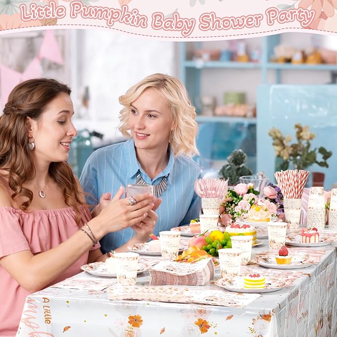 452 Pcs Little Pumpkin Baby Shower Decorations for 50, Pink A Little Pumpkin Is on the Way Paper Plates Napkins Cups Tablecloth Cutlery Straws for Autumn Fall Thanksgiving Party Supplies