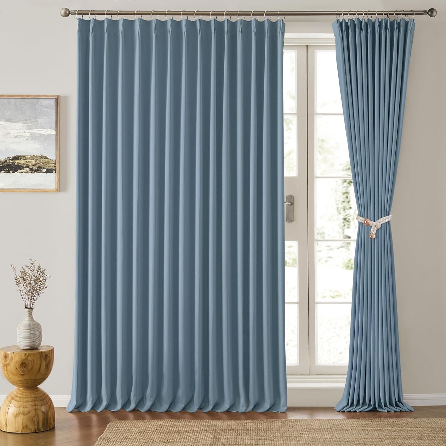 KEQIAOSUOCAI Extra Wide Dusty Blue Pinch Pleated Curtains 100 x 95, Thermal Insulated Noise Cancelling Living Room Drapes 95 inches Long, Patio Sliding Glass Door Window Curtain 2 Panels