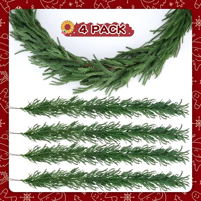 Artificial Norfolk Pine Garlands,Real Touch Artificial Greenery Garland for Table, Mantle, Wall,Indoor Outdoor Holiday Winter Christmas Decorations (4, 6FT)