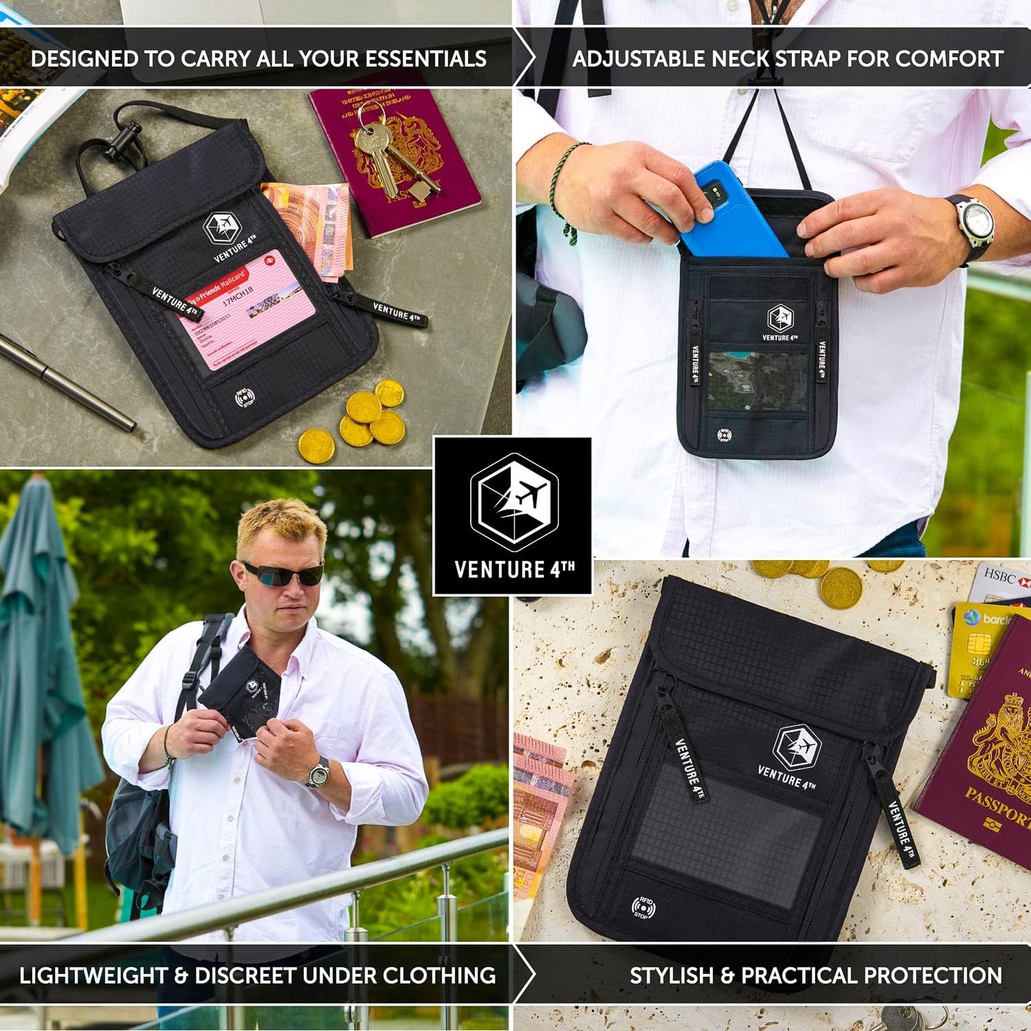VENTURE 4TH Passport Holder Neck Wallet with RFID Blocking Nylon Lining - Hidden Neck Pouch for Travel (Pure Black)