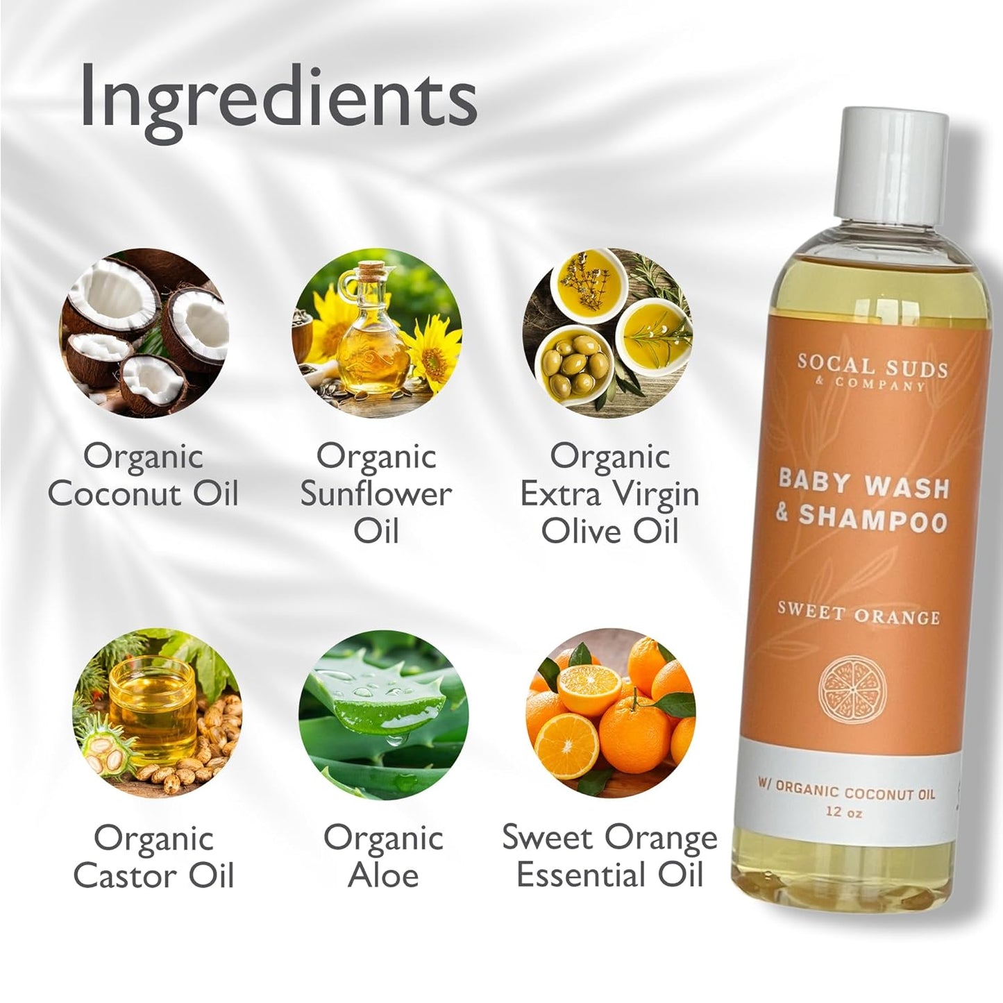 SoCal Suds & Company Baby Shampoo & Body Wash, 2-in-1 Organic Gel-Gentle Castile Soap with Vitamin-Infused Oils & Botanicals - Natural Care for Sensitive Skin Hypoallergenic - 12oz Sweet Orange 2-Pack