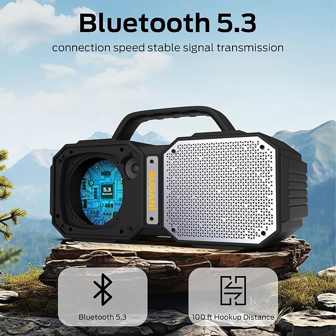 BUGANI Shock Bluetooth Speaker, Portable Bluetooth 5.3, Waterproof Design, 60W High Power Output, Outdoor Speaker, Black (New Model)