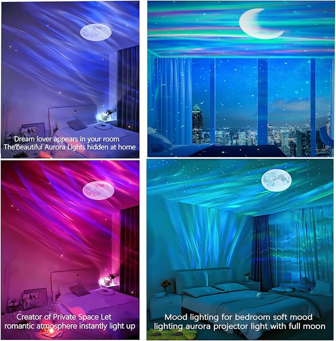 Aurora Northern Lights Projector: 60+ Light Effects White Noise Stars Sky Moon Lights for Bedroom Bluetooth Remote Timer Multi Colors, Mood Lighting Room & Classroom Decor