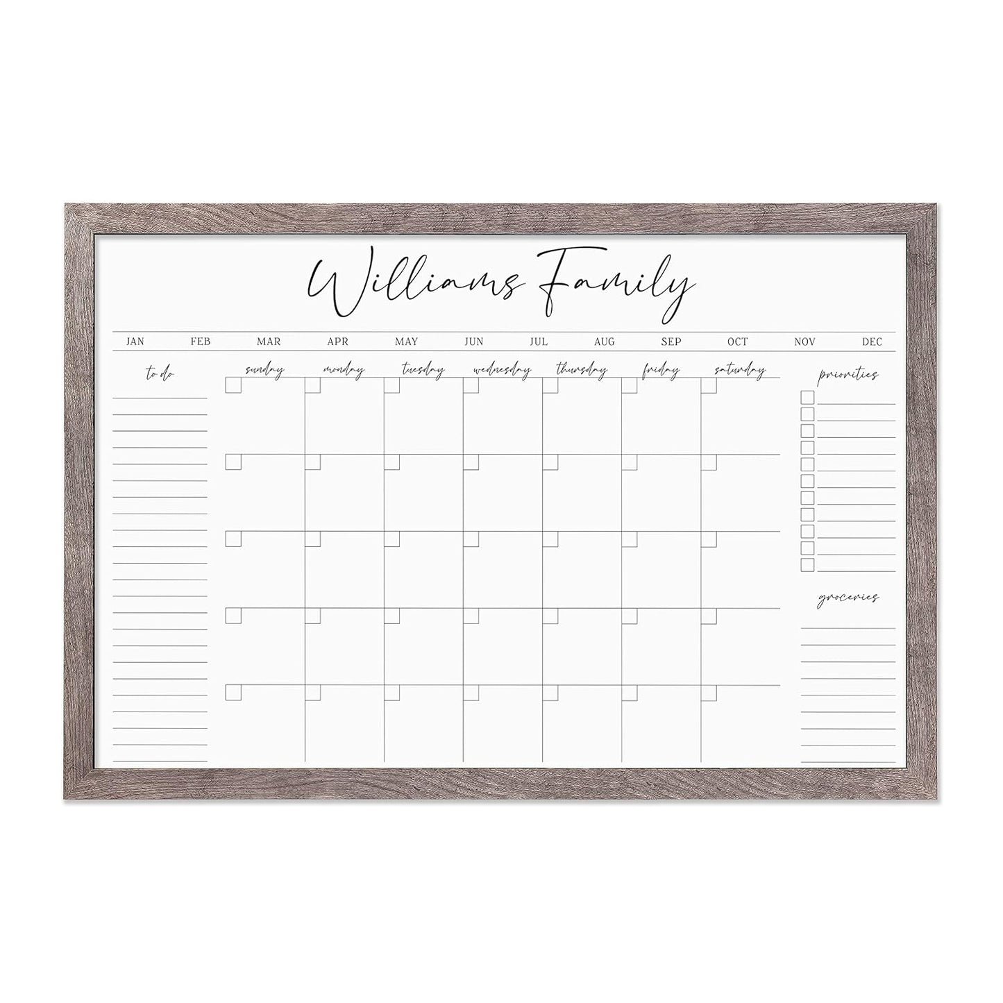 Personalized Dry Erase Wall Calendar with Custom To do list and Notes Organization Sections | Large Whiteboard Calendar (36" W x 24" H, Barnwood Frame)