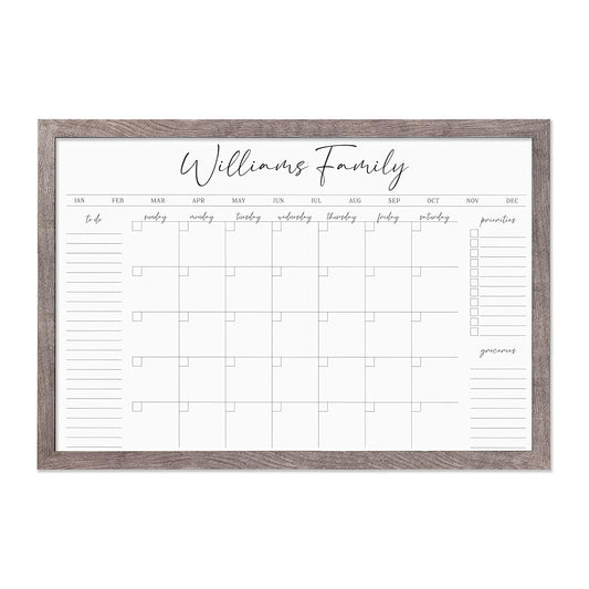 Personalized Dry Erase Wall Calendar with Custom To do list and Notes Organization Sections | Large Whiteboard Calendar (36" W x 24" H, Barnwood Frame)