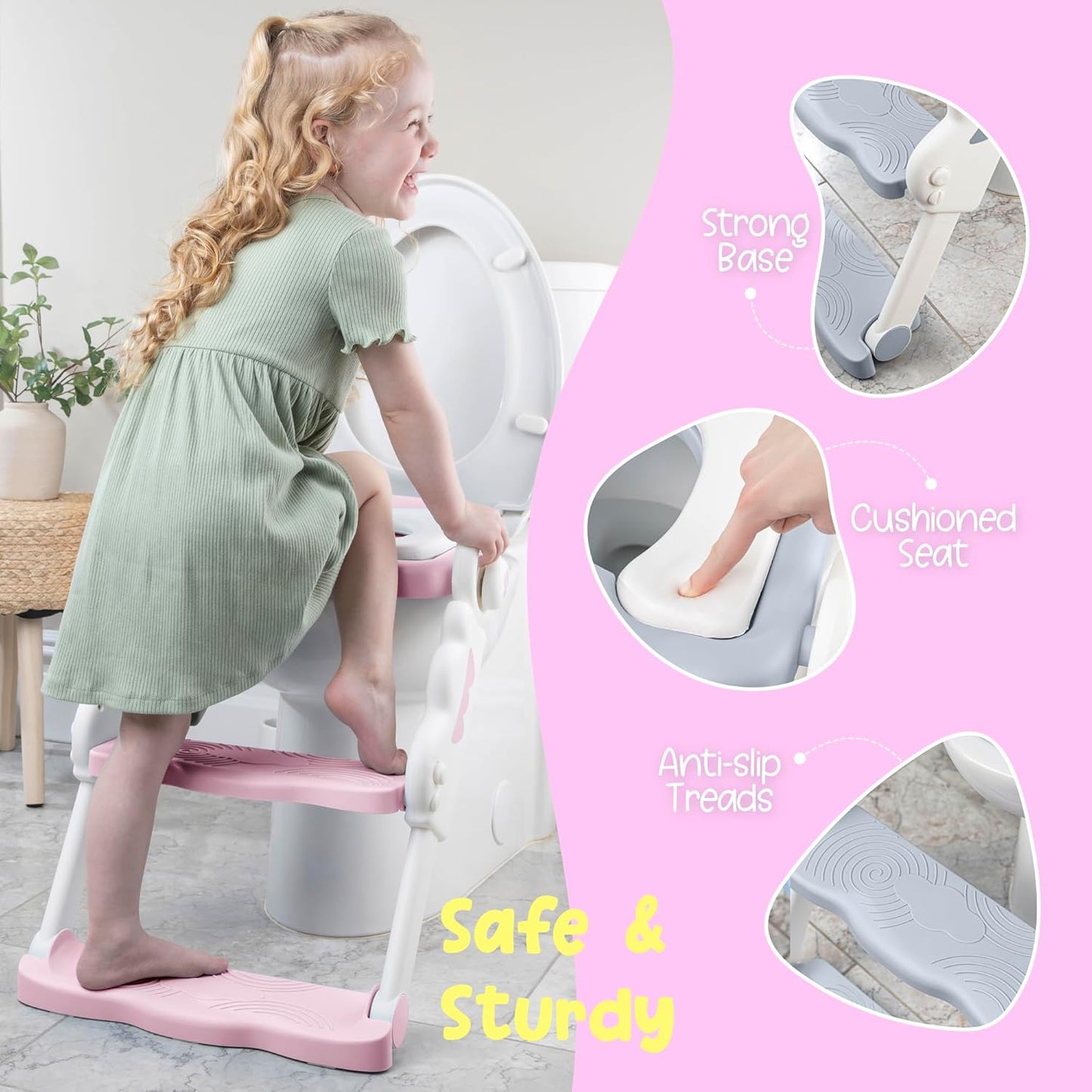 Musical & Sound Toddler Potty Training Seat w/Step Stool Ladder - Collapsible & Adjustable Toilet, Pre Assembled Toddler Toilet Seat w/Music & Sounds - Splash Guard & Anti-Slip Steps - Pink