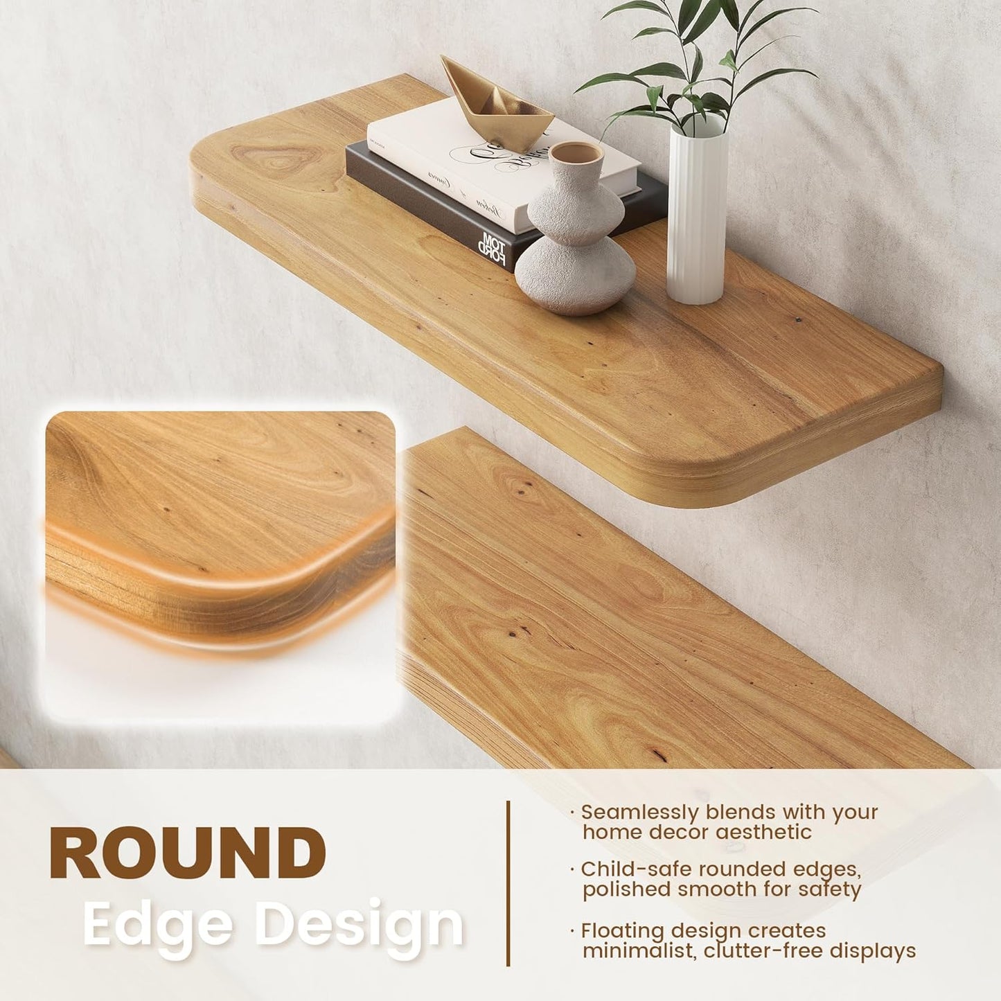 Rustic Elm Wood Floating Shelves for Wall Round Edge, 36"W x 9.2"D x 1.37"H, Set of 2 with Invisible Bracket, Wall Mounted Storage Shelves for Living Room Bedroom Kitchen Bathroom Decor, Natural