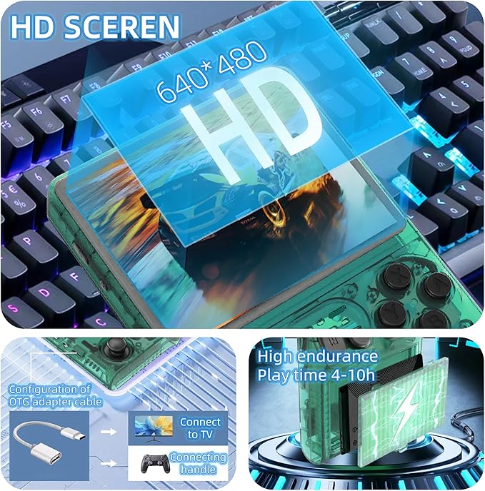 R40S PRO Retro Gaming Console, 30000+ HD Games Handheld Game Console, 3800mAh Rechargeable Mini Retro Video Console with 256GB TF Card, Portable Pocket Arcade (Transparent Green)