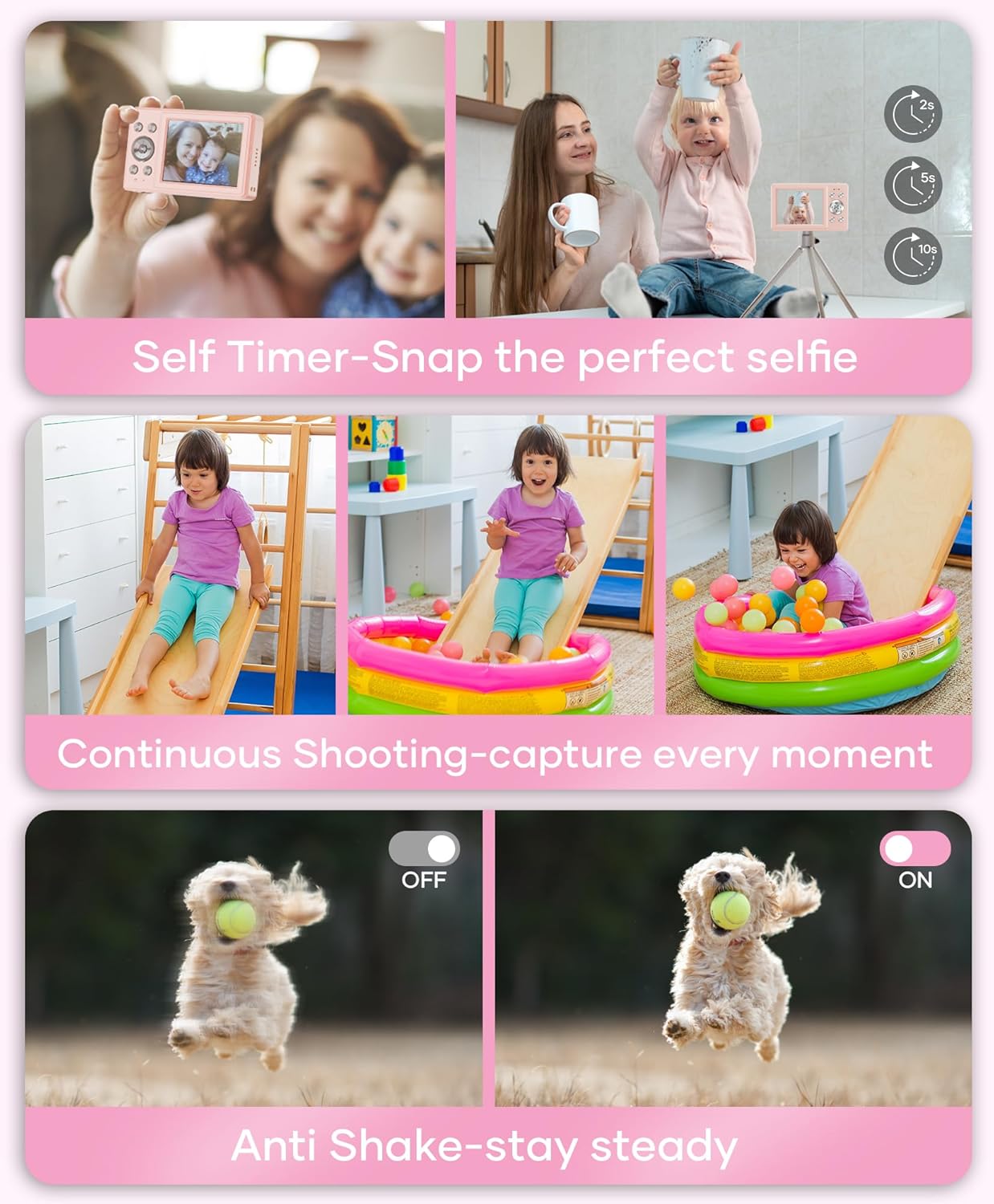 WONNIE Digital Camera 56MP, FHD 1080P Point & Shoot Camera with 32GB SD Card, 2 Batteries, and Lanyard, Ideal for Kids & Teens, Suitable Gift for Girls，Pink, 2-Pack