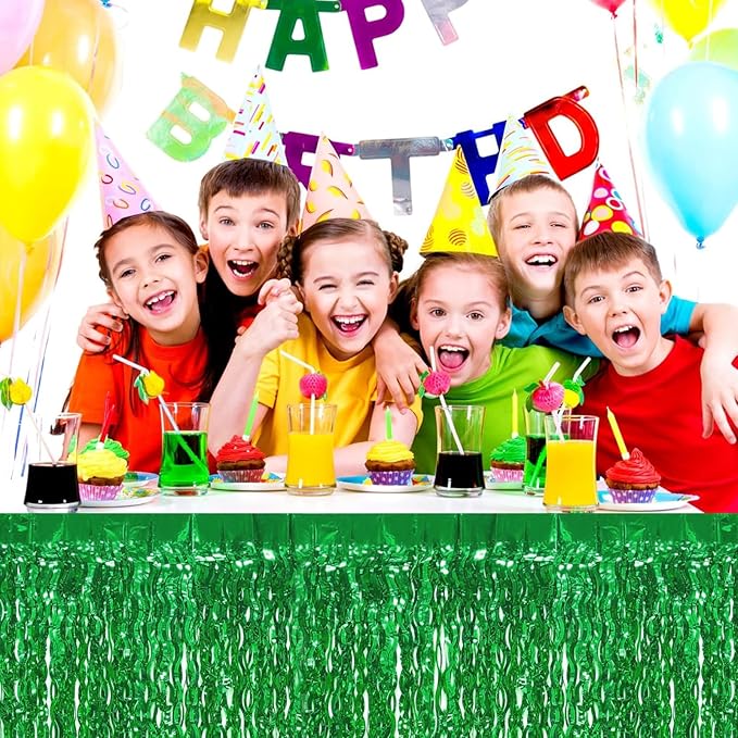 4P Wavy Metallic Tinsel Foil Fringe Table Skirts for Rectangle Tables Backdrop Garland Curtains for Parade Floats Wedding Birthday Parties Decoration Graduation 2025 Christmas (Green)