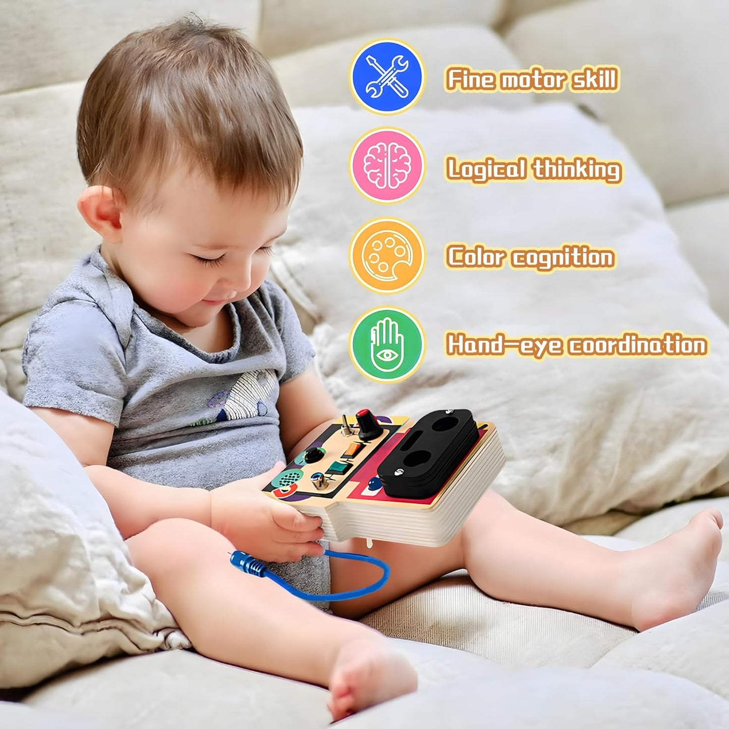 Montessori Busy Board with Led Light, Wooden Sensory Board Travel Toys for 1 Year Old, Preschool Learning Activities Easter Gifts for Boys Girls