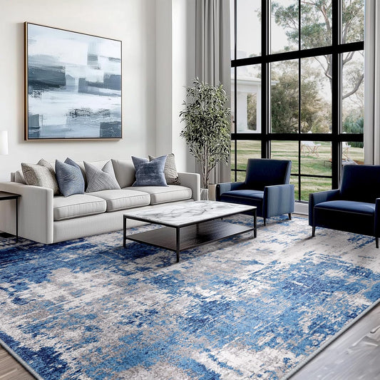 Washable Area Rugs 8'x10' Non-Slip Modern Abstract Soft for Living Room Entryway Bedroom Nursery, Print Pattern, Blue Grey Navy Gray