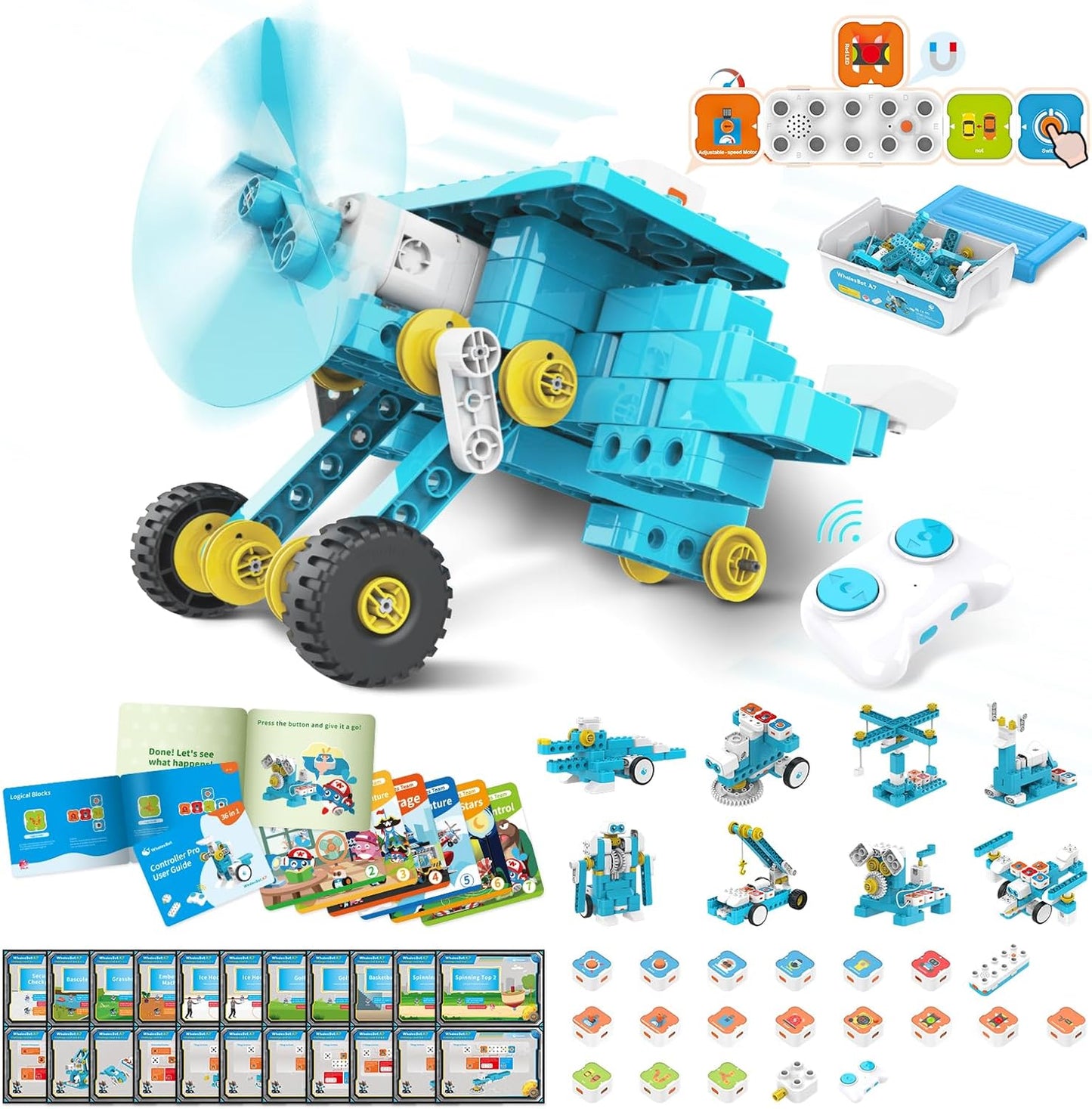 WhalesBot A7 36-in-1 Kids Coding & RC Robot Kit, 160+ Piece Educational Building Set with Sensors & 2 Controllers & Motors, Interactive Storytelling & Play Cards, Toy Gift for Boys & Girls Ages 3-8