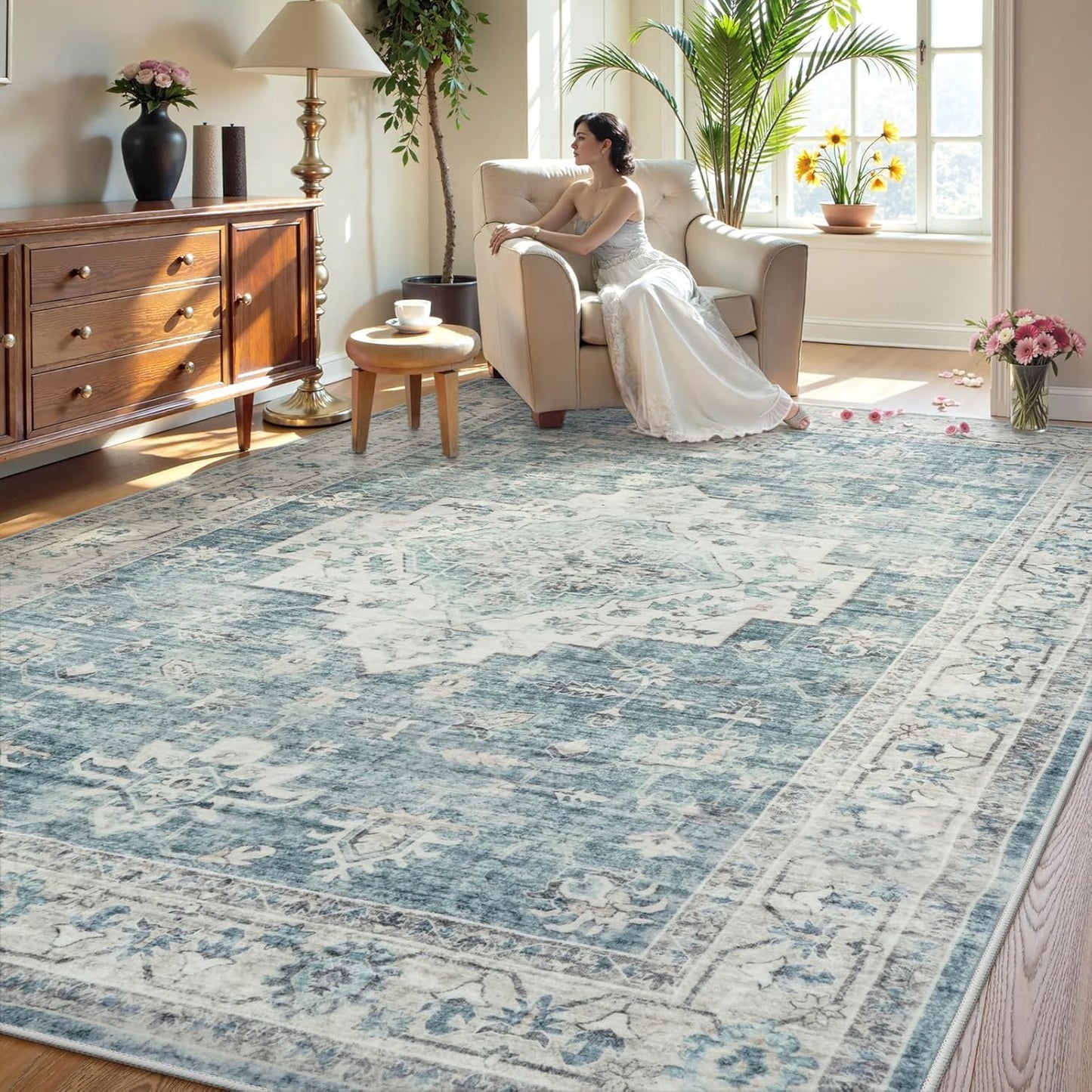 LIVEBOX Washable Area Rug 9x12 Rugs for Living Room Bedroom, Non-Slip Boho Indoor Carpet for Dining Room Office, Low-Pile Farmhouse Soft Carpets for Kids Nursery Room Playroom, Blue