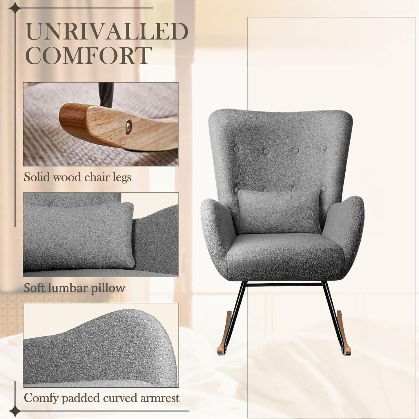 Waleaf Teddy Upholstered Rocking Chair Indoor with High Backrest Glider, Padded Seat Nursing Chair Comfy for Bedroom (Gray)