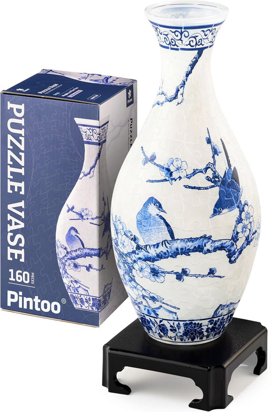 Pintoo 3D Puzzle Vase Unique Flower Vase Made by 160 Curved Plastic Puzzle Pieces House Warming Gift for Flower Arrangements and Home Decoration - [S1025] (Translucent, Magpies on Plum Tree)